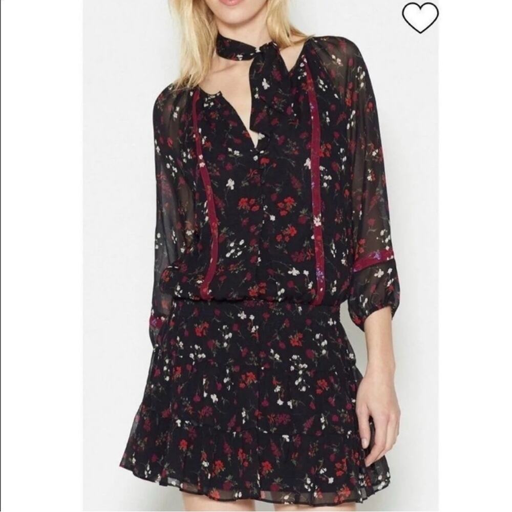 Joie Elegant Silk Dress smocked drop waist black red floral button up lined EUC